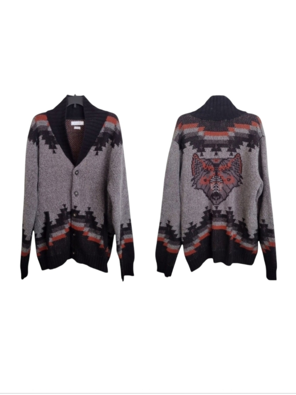 Urban Outfitters Men's Grey Black Southwestern Aztec Fox Grandpa Sweater Medium